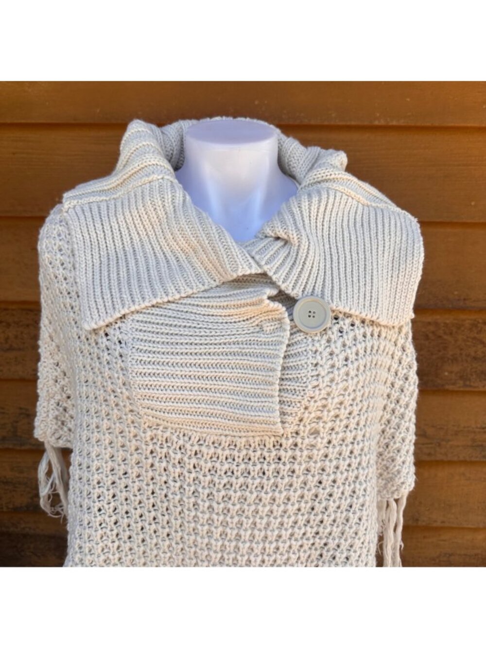Say What Y2K Beige Woven Acrylic Fringe Poncho Button Collar Open Knit Design - Picture 4 of 8